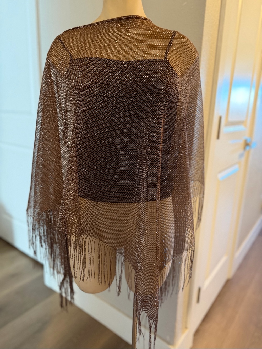Brown Metallic Fringe Open-Knit Sweater